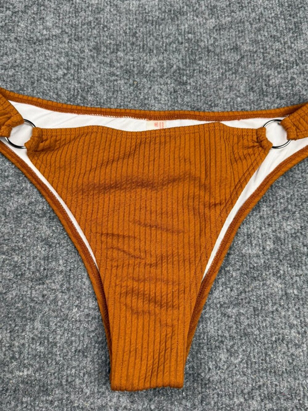 Women's Ribbed Brown Bikini Bottom Size L Ring Accent High Cut Swimwear